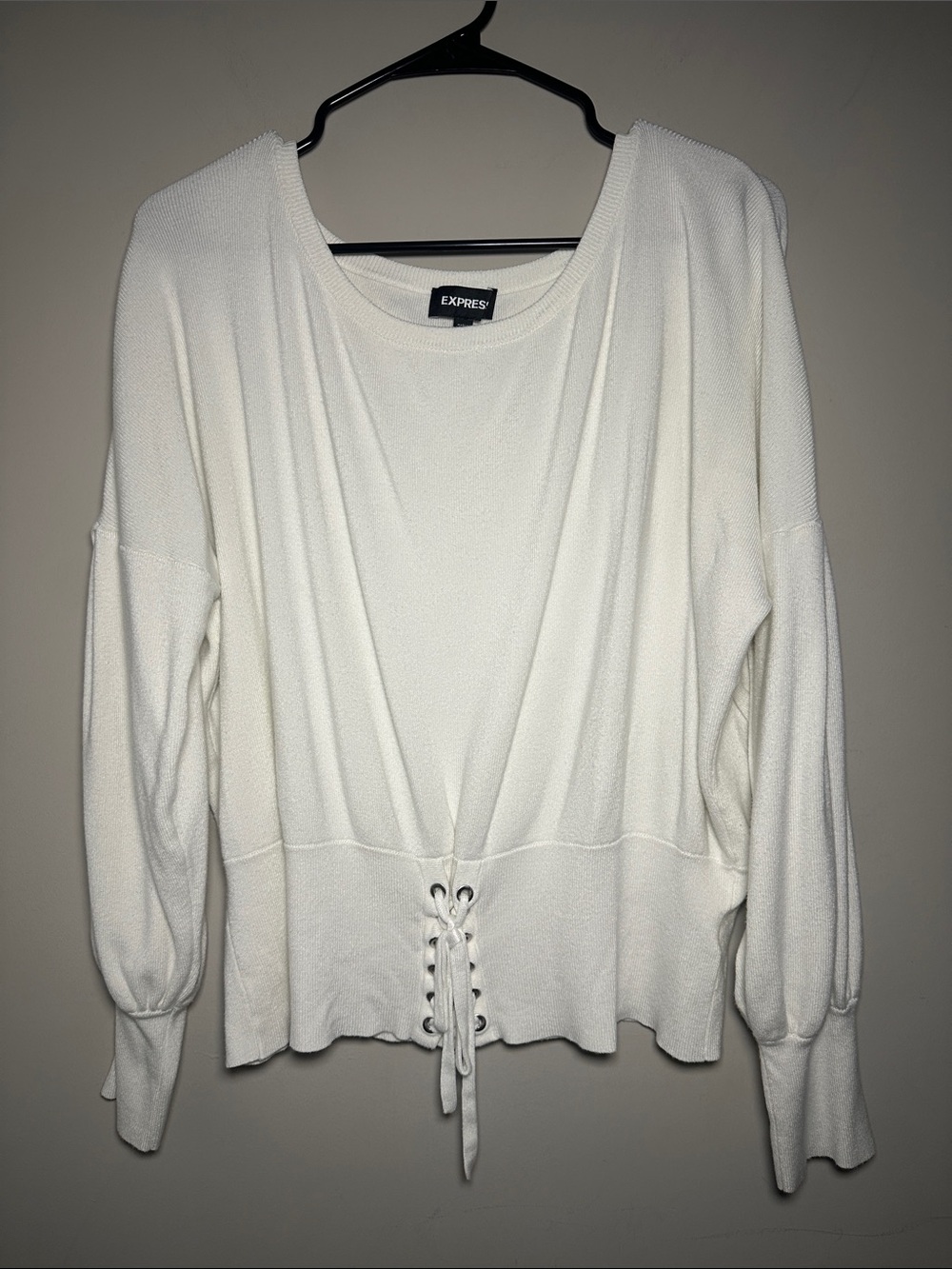 Express rayon White Lace-Up Waist balloon sleeve Knit Sweater